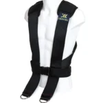 The Exxentric Squat Harness, a black adjustable exercise gear with padded shoulder straps and metal rings at the ends, is displayed on a white mannequin torso and features a logo on one strap.