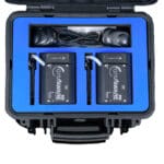 The GymAware 2 Unit Kit includes a carrying case with two devices, straps, and two sensors on a blue foam base. The lid features a compartment for cables.