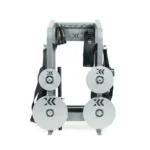 The Exxentric kBox Advanced Accessory Rack is a compact gym equipment piece featuring a silver frame, four large vertically arranged discs with stylized X logos, and fitness straps.