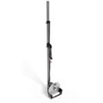 The Exxentric kPulley2 Starter System is a tall, vertical measuring device with a long, slender gray pole attached to a circular base on wheels. The base is black and silver and has a handle midway up the pole for ease of use in distance measuring.