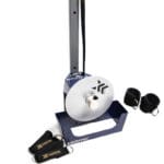 The Exxentric kPulley2 Starter System is a workout pulley machine featuring a metal wheel, blue frame, adjustable straps with handles, and two ankle cuffs.