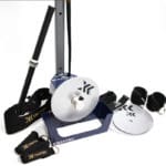 The Exxentric kPulley2 Advanced System is a portable exercise device with a flywheel, handle, and two foot straps, all shown on a white background. It features the Exxentric brand name alongside its stylized logo.