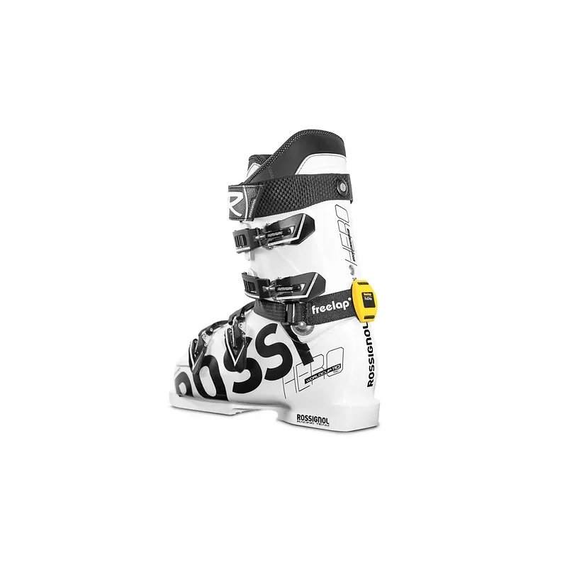 The FxChip Ski Boot Strap is a white boot with black lettering and buckles, plus a yellow accent near the heel. It boasts a sleek and modern design.