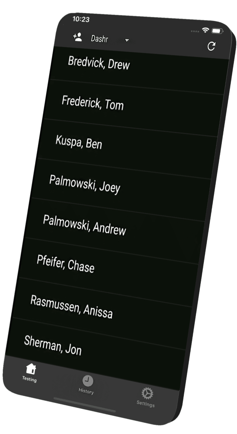 A smartphone screen shows the Dashr Software Roster with names in a dark-themed app: Bredvick, Drew; Frederick, Tom; Kuspa, Ben; Palmowski, Joey; Palmowski, Andrew; Pfeifer, Chase; Rasmussen, Anissa; Sherman, Jon.