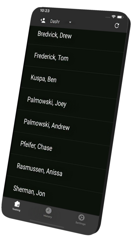 A smartphone screen shows the Dashr Software Roster with names in a dark-themed app: Bredvick, Drew; Frederick, Tom; Kuspa, Ben; Palmowski, Joey; Palmowski, Andrew; Pfeifer, Chase; Rasmussen, Anissa; Sherman, Jon.