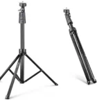 Two images of the Dashr Regular Tripod in black are shown: one fully extended with three sturdy legs and adjustable height, and the other folded for compact storage. The design looks durable and suitable for various devices.