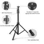 A Dashr Regular Tripod in black features 180° head rotation, a standard ¼ screw, adjustable height with a flip lock, and a non-slip rubber pad. It is displayed on a white background.