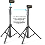 Pair of Dashr Regular Tripods with attached laser devices, featuring rotating heads for precise 180-degree left/right and up/down alignment. Laser attaches to 1/4-inch threads, indicated by an arrow.