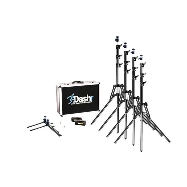 The Dashr Laser Timing System includes six adjustable tripods with sensors, a Dashr carrying case, and a small electronic device. Its designed for measuring speed and performance in athletic training.