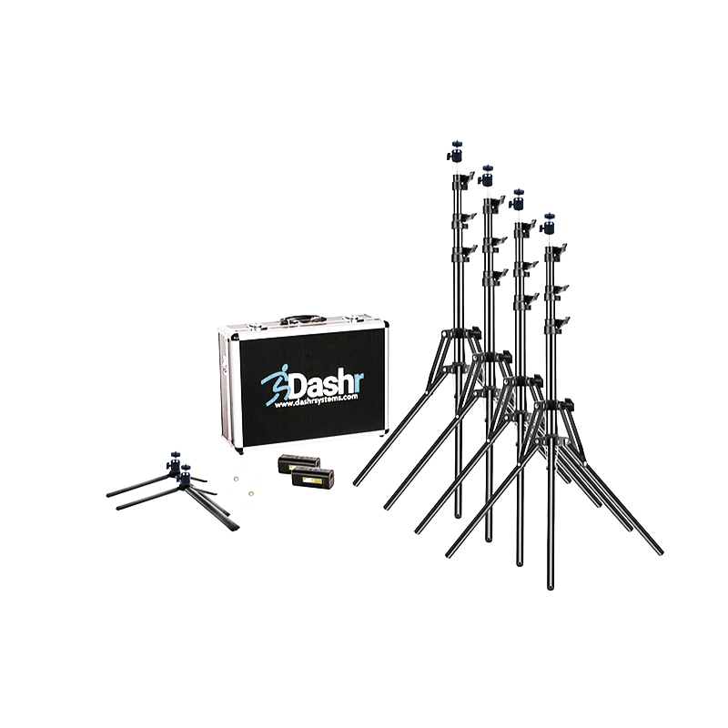 The Dashr Laser Timing System includes six adjustable tripods with sensors, a Dashr carrying case, and a small electronic device. Its designed for measuring speed and performance in athletic training.