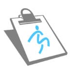 Illustration of a clipboard with a stylized blue human figure, depicting movement, set on a white background from Dashr Software Roster.