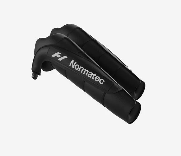 A Normatec 3 Arm Attachment, black on a white background, designed for recovery and enhanced circulation.