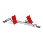 The G2 Starting Block is an adjustable metal sprinting aid for track and field, featuring a ridged base, red pads, and angled footplates for enhanced grip and stability at the start of a race.