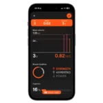 A smartphone screen displays the Enode Software License fitness app, showing: 3 reps, 2s timeout, threshold 3, mean velocity 1.08 m/s, velocity 0.82 m/s, muscle qualities, and sensor readiness at 16%.