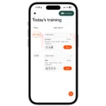 A smartphone displays the Enode Software License fitness app screen with “Today’s training” and two scheduled workouts for Saturday, October 11, listing target muscle groups, workout duration, and exercise icons.