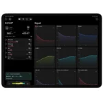 A tablet displays the Enode Software License fitness app with Squat workout details—sets, reps, weights—on the left and nine performance metric graphs such as velocity, power, force, and duration on the right.