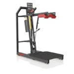 The Keiser A300 Squat Pro Model 1534 is a black and red exercise machine with a platform, two padded handles, and a display screen. It features Keiser on the base and includes a hydraulic cylinder mechanism.
