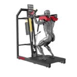 A grayscale muscular mannequin uses the Keiser A300 Squat Pro Model 1534, featuring a display panel, handles, and padded shoulder rests on a sturdy platform for squat exercises.