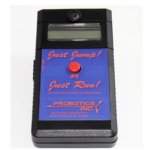 A handheld device called the Just Jump Plyometric Chip Upgrade features a screen, a red button, and the text "Just Jump!" or "Just Run!" along with "PROBOTICS INC." printed on its blue panel; it appears to be voice-activated and uses ultrasonic technology.