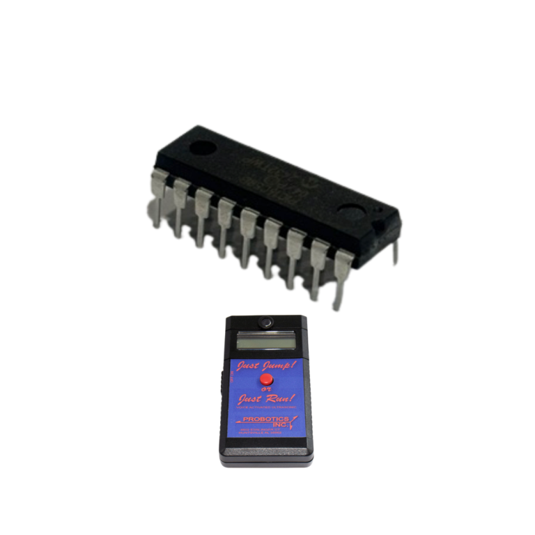 A Just Jump Plyometric Chip Upgrade, featuring a black microchip with metal pins and a small handheld electronic device displaying a blue and red label, both set against a white background.