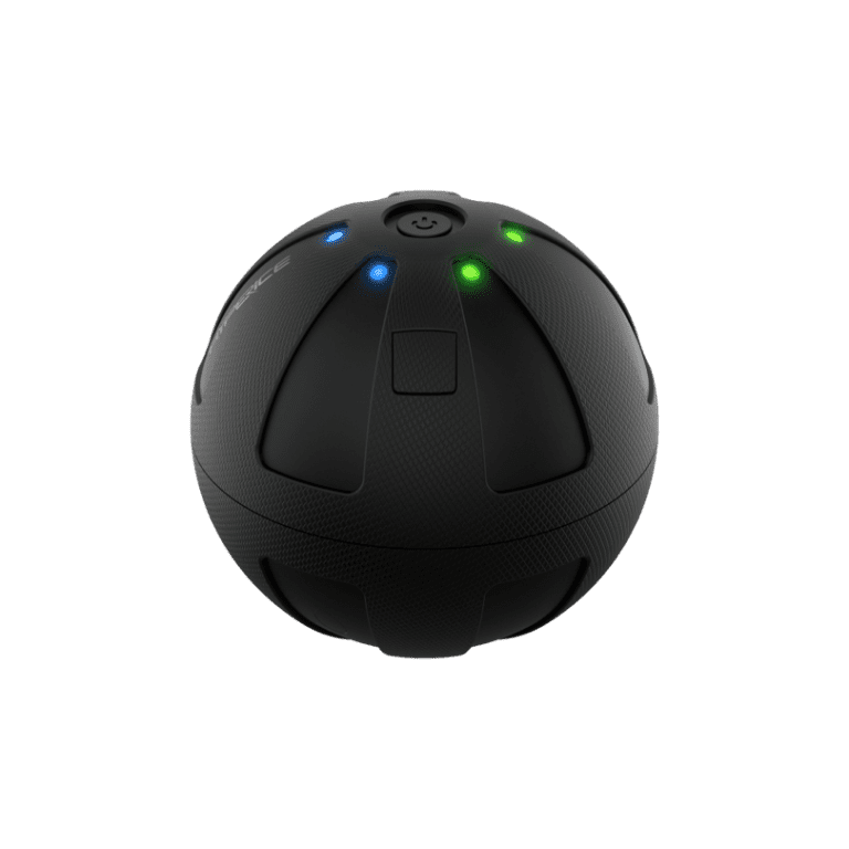 The Hyperice Hypersphere Mini is a black spherical gaming device featuring a textured design, multicolored LED lights in green, blue, and yellow placed equidistantly, and a central button on top. The background is solid black.