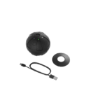 The Hyperice Hypersphere Mini is a sleek, spherical black device featuring LED indicators that comes with a charging stand and USB cable.