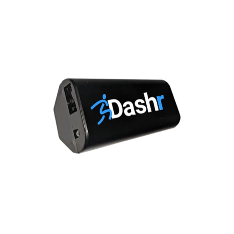 The Dashr Jump is a black triangular electronic device with a stylized running figure logo and Dashr in blue and white, featuring ports on one side for timing or tracking athletic performance.
