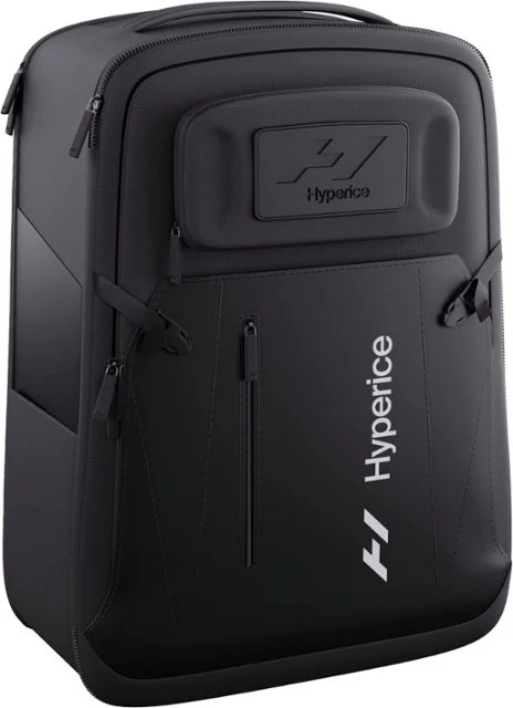 The Normatec Pulse Series Backpack is a sleek black bag featuring multiple zippers and compartments, with the Hyperice logo in white on the front pocket. Its design includes a sturdy structure and ergonomic straps for comfortable wear.