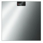 The EZEJump is a glossy, silver-toned, square smart scale featuring a minimalist design with a reflective surface and a digital display. The top display showcases a red square and small indicator lights.