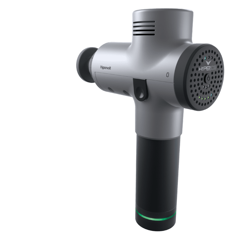 A silver and black handheld massage gun with vents and control buttons is displayed at an angle. It features a circular head with a dot pattern, a grip handle, and the brand name Hypervolt on the side.