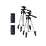 Two Dashr React Two Module Systems, featuring silver tripods with black adjustable legs and handles, are displayed side by side. Next to them, two black mount plates are arranged vertically.