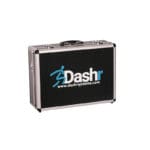 The Dashr Reactive Shuttle carrying case is black and silver with a handle and metal latches. The side displays the Dashr logo, plus the website www.dashrsystems.com, printed in blue and white.