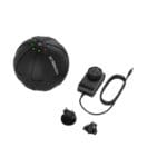The Hyperice Hypersphere is a black, spherical electronic device featuring small LED indicators on top. It comes with a power adapter, cable, and two interchangeable plug adapters for various sockets. HYROGEIE is printed on the device.