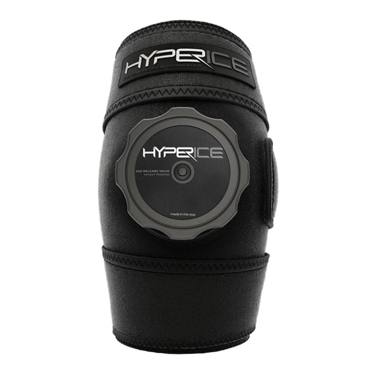 A black HyperIce knee compression device with a circular attachment in the center, designed for air release. The device is made of flexible material with visible stitching and branding.