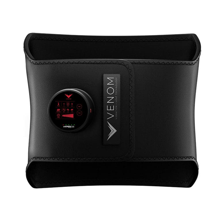 The Hyperice Venom Back in black features a circular digital control panel with LED indicators for various settings, designed for wearable heat and/or massage therapy.
