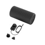 A black, textured Hyperice Vyper 2.0 foam roller comes with electric charging components, including a cable, plug adapter, and two interchangeable plug types.
