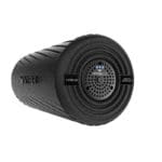 A cylindrical black Hyperice Vyper 2.0 foam roller features a ribbed texture and Vibration Technology on its sides, with a circular, speaker-like component at the end.