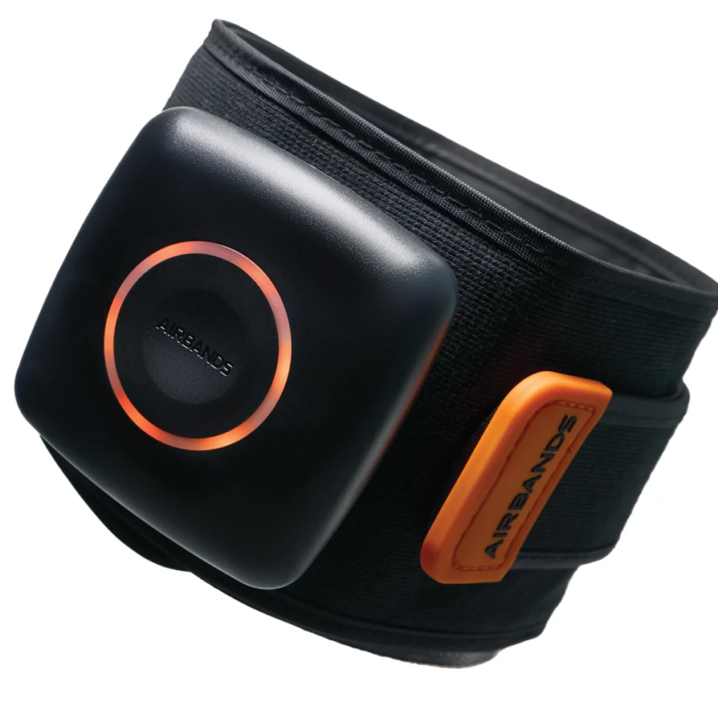 The AirBands BFR Cuffs are black and orange adjustable fitness bands with a square device labeled AIRBANDS, designed for use on your arm or leg.