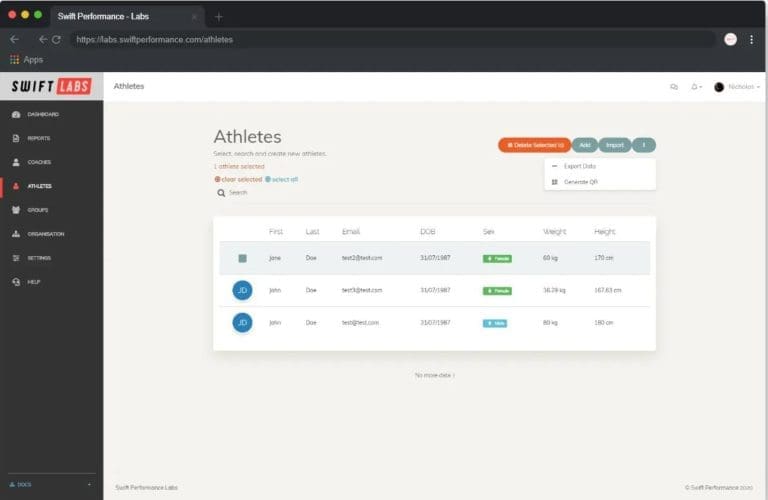 A webpage from Swift Performance Labs displays an Athletes data table with columns for first name, last name, email, DOB, weight, and height. Three athletes are listed with varying details, and options for exporting data and managing entries are available.