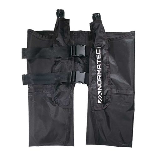 A pair of black compression leg sleeves with the brand Normatec printed on them. They feature adjustable straps and clips for securing to the legs.