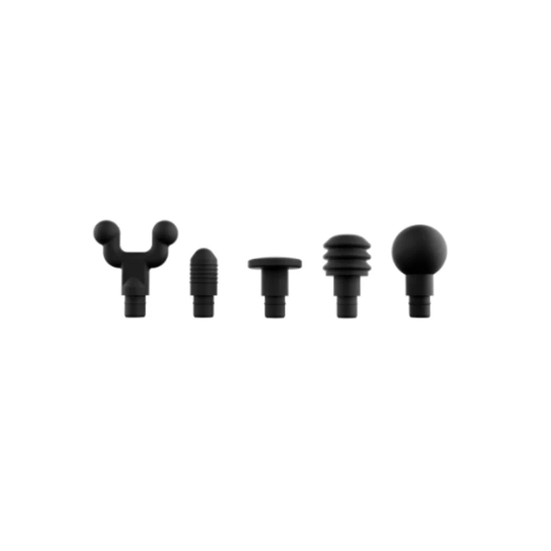 The Hypervolt Applicator Set features five black attachments, including a fork, bullet, flat head, spiral, and ball, arranged in a row on a white background.