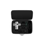 The Hypervolt Case features a silver and black massage gun with interchangeable heads and a charging cable, all neatly organized in an open black carrying case.