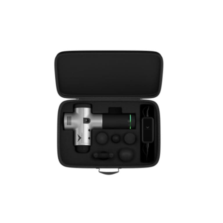 The Hypervolt Case features a silver and black massage gun with interchangeable heads and a charging cable, all neatly organized in an open black carrying case.