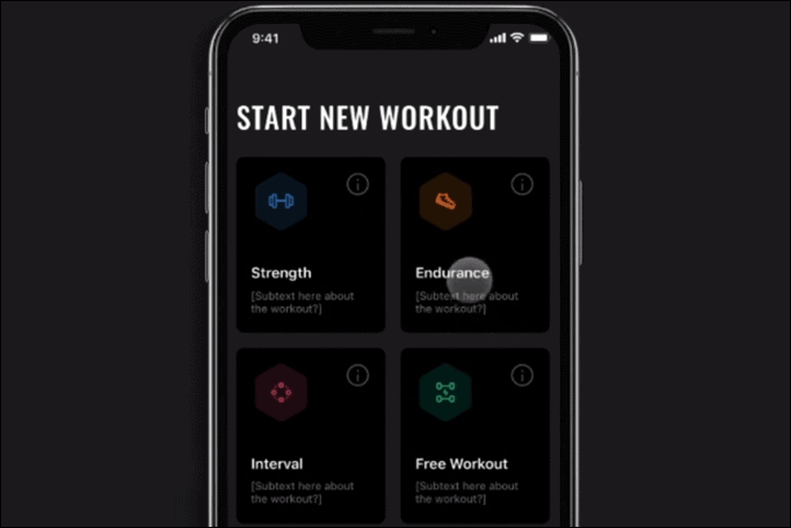 A smartphone displaying a workout app with a Start New Workout screen. There are four options: Strength, Endurance, Interval, and Free Workout. Each option is represented by an icon.