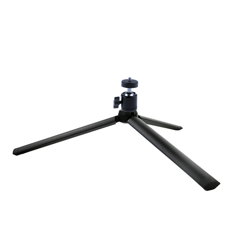 The Dashr Mini tripod is black with three foldable legs extending outwards. It has an adjustable mount for cameras or other devices, featuring a minimal and compact design for easy portability.