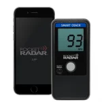 A Pocket Radar Smart Coach Radar App System (MODEL SR1100) showing 93 MPH next to a smartphone featuring the Pocket Radar app logo.