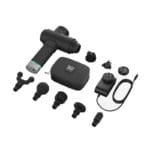 The Hypervolt 2 Pro Percussion Massager, in black, is shown against a white background with its various detachable heads, storage case, charging adapter, and cable.