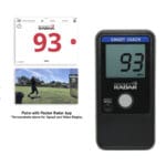 The Pocket Radar Smart Coach Radar App System (MODEL SR1100) device displays 93 MPH, alongside app interface screenshots showing the same speed with a video of a person practicing baseball. Text reads, Pairs with Pocket Radar App.