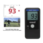 The Pocket Radar Smart Coach Radar App System (MODEL SR1100) device displays 93 MPH, alongside app interface screenshots showing the same speed with a video of a person practicing baseball. Text reads, Pairs with Pocket Radar App.