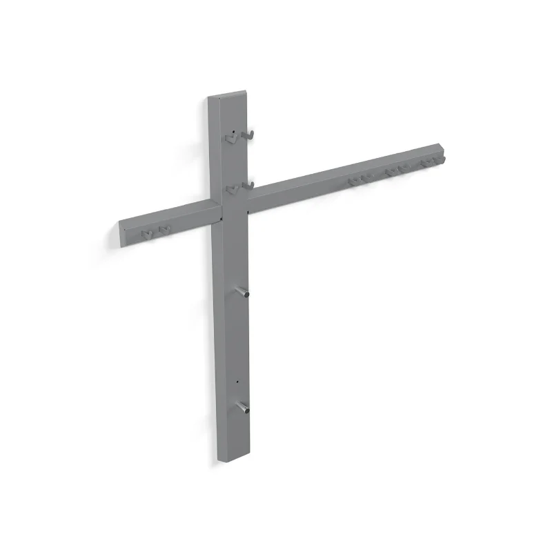 The Exxentric Wall Mounted Accessory Rack is a gray metal, T-shaped design with multiple hooks on vertical and horizontal bars for organizing items, displayed against a plain white background.